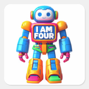 Ik ben vier robot voor kinderen 4e verjaardag tech vierkante sticker