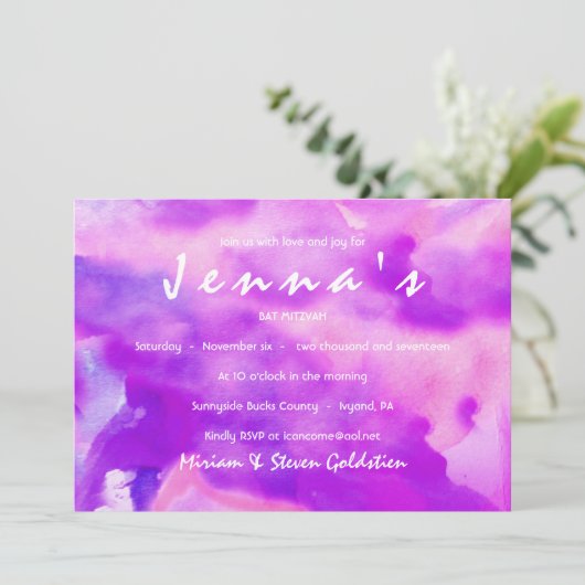 IK BEN VIOLET WATERVERF Bat Mitzvah Uitnodiging (Staand voorkant)