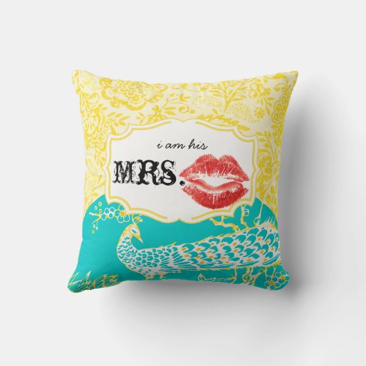 Ik ben zijn Mrs Red Lips  Floral Peacock Kussen (Achterkant)