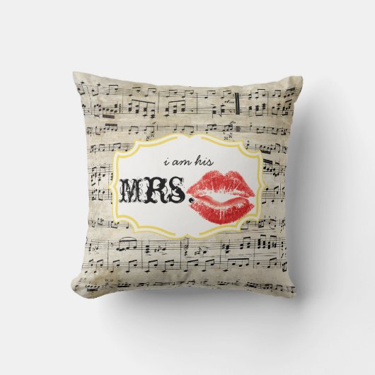 Ik ben zijn Mrs Red Lips Yellow  Sheet Music Kussen (Voorkant)