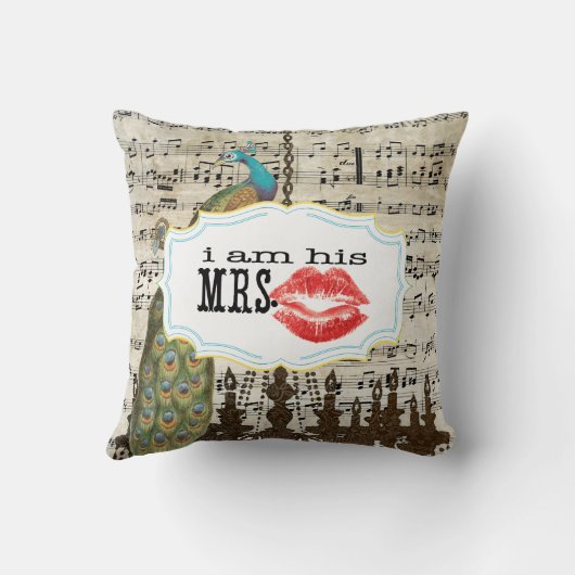 Ik ben zijn Mrs.  Sheet Music Mustache Peacock Kussen (Achterkant)