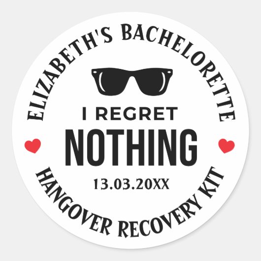 Ik betreur niets Bachelorette Party Hangover Kit Ronde Sticker (Voorkant)