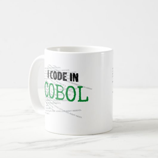 Ik code in COBOL.w Koffiemok (Voorkant links)