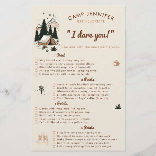 Ik daag je uit Kampeer vrijgezellenfeest spel Flyer (Voorkant)