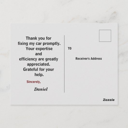 Ik dank u voor een mechanica briefkaart (Achterkant)