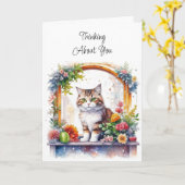 Ik denk aan jou | Kat in venster met bloemen Kaart (Gele Bloem)