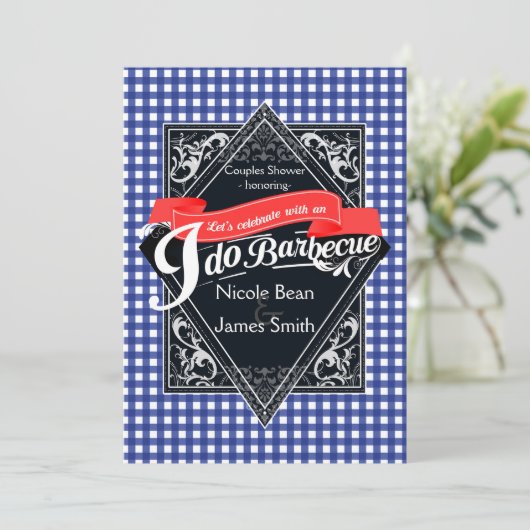 IK DOE BARBECUE BBQ Blauw & Rood Geruit Verloving Kaart (Staand voorkant)