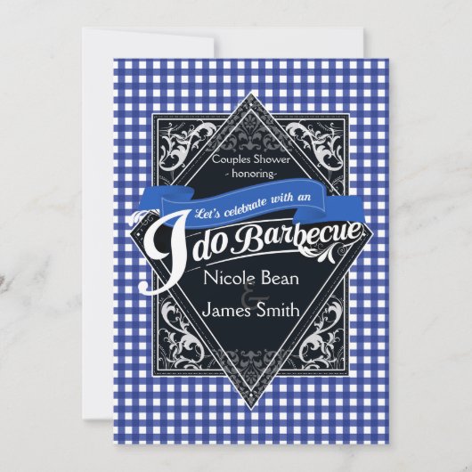 IK DOE BARBECUE BBQ Blauw Wit Geruit Verloving Kaart (Voorkant)