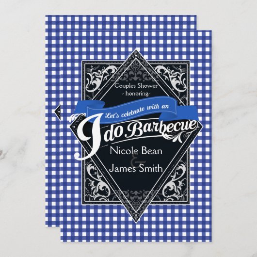 IK DOE BARBECUE BBQ Blauw Wit Geruit Verloving Kaart (Voorkant / Achterkant)