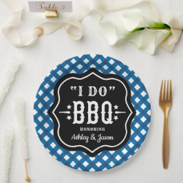 Ik Doe BBQ Blauw Gingham Bruiloft Papieren Bordje