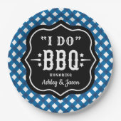 Ik Doe BBQ Blauw Gingham Bruiloft Papieren Bordje (Voorkant)
