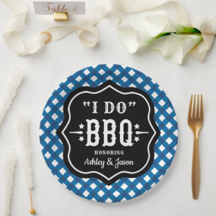 Ik doe BBQ Blue Gingham Wedding Papieren Bordje
