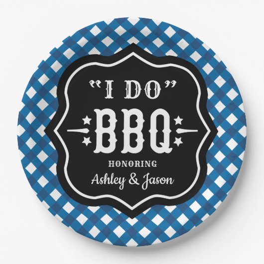 Ik doe BBQ Blue Gingham Wedding Papieren Bordje (Voorkant)