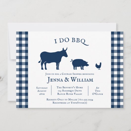 Ik doe BBQ boerderij marine blauw geruite koppels  Kaart (Voorkant)