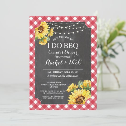 Ik doe BBQ Koppels Bruiloft Zonnebloem Gingham Kaart (Staand voorkant)