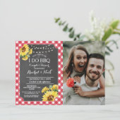 Ik doe BBQ Koppels Bruiloft Zonnebloem Rood Foto Kaart (Staand voorkant)