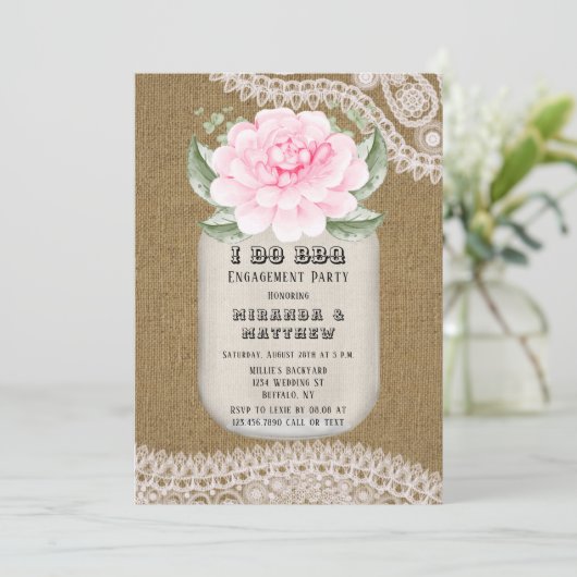 Ik doe BBQ Mason Jar Pink Peony Engagement Party Kaart (Staand voorkant)