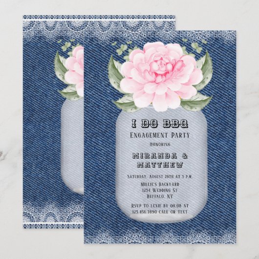 Ik doe BBQ Mason Jar Pink Peony Engagement Party Kaart (Voorkant / Achterkant)