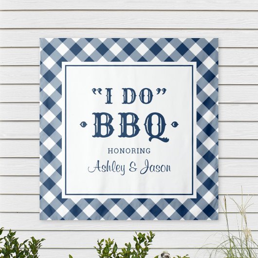 Ik Doe BBQ Navy Blauwe Gingham Aangepaste Trouw Mo Wandkleed