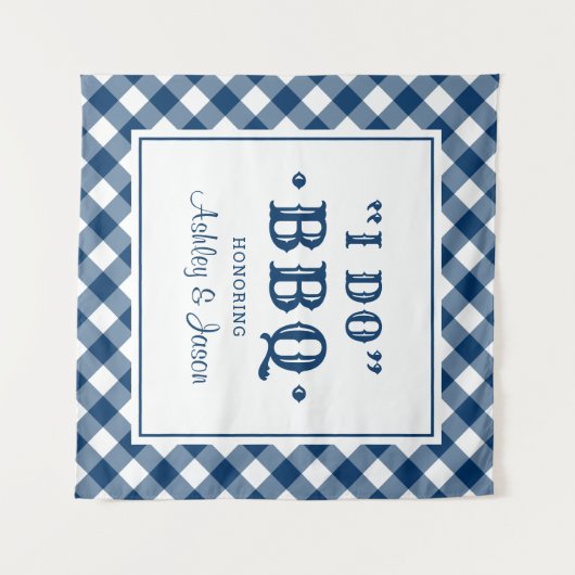 Ik Doe BBQ Navy Blauwe Gingham Aangepaste Trouw Mo Wandkleed (Voorkant (horizontaal))