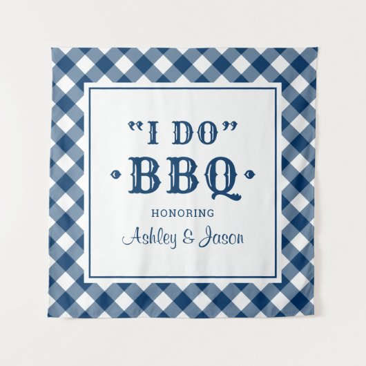 Ik Doe BBQ Navy Blauwe Gingham Aangepaste Trouw Mo Wandkleed (Voorkant)