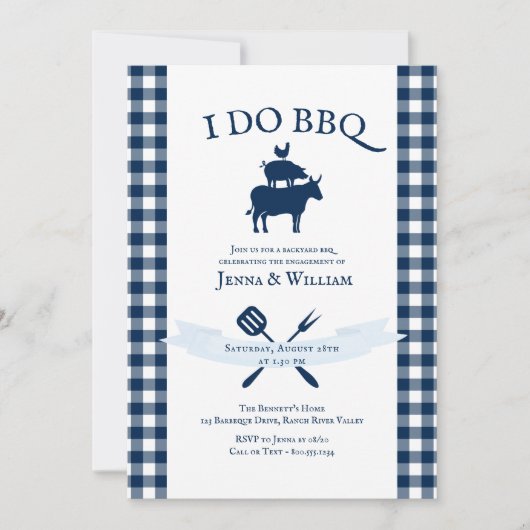 Ik doe BBQ  Navy Blue Gingham Verloving Kaart (Voorkant)