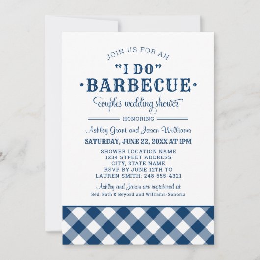 Ik doe BBQ Navy Blue Gingham Wedding Couples Showe Kaart (Voorkant)
