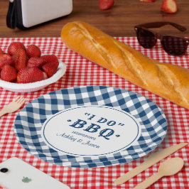 Ik doe BBQ Navy Gingham Custom Wedding Monogram Papieren Bordje