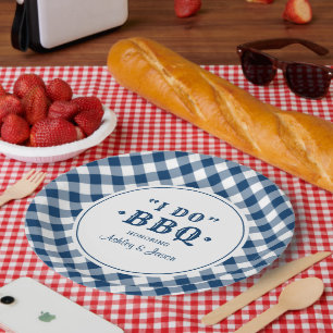 Ik doe BBQ Navy Gingham Custom Wedding Monogram Papieren Bordje