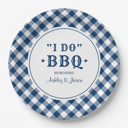 Ik doe BBQ Navy Gingham Custom Wedding Monogram Papieren Bordje (Voorkant)