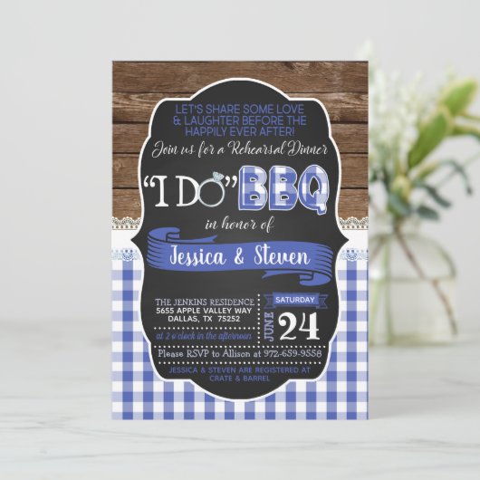 Ik doe BBQ Oefenavondmaal Uitnodiging - Blauw (Staand voorkant)