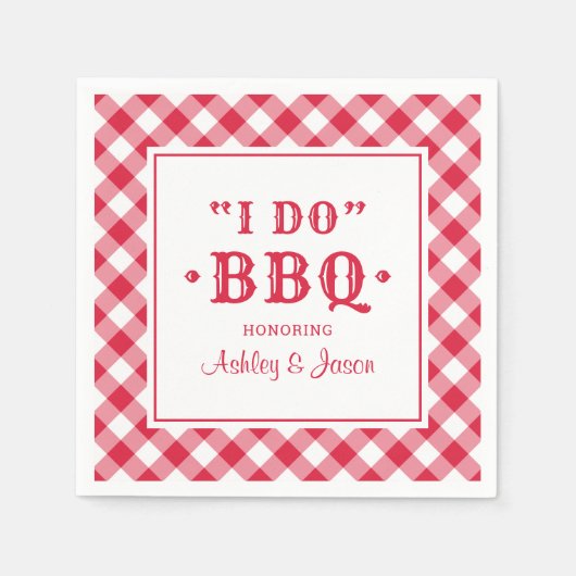Ik doe BBQ Red Gingham Custom Weddenschap Monogram Servet (Voorkant)