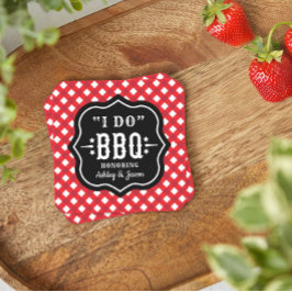 Ik doe BBQ Red Gingham Custom Wedding Kartonnen Onderzetters