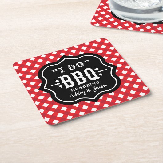 Ik doe BBQ Red Gingham Custom Wedding Kartonnen Onderzetters (Schuin)