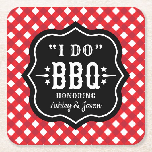 Ik doe BBQ Red Gingham Custom Wedding Kartonnen Onderzetters (Voorkant)