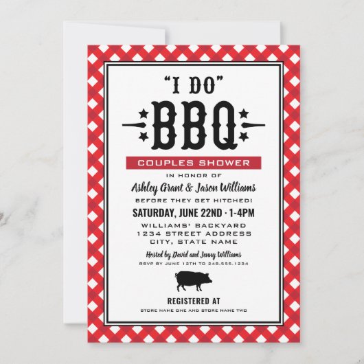 Ik doe BBQ Red Gingham Wedding Couples Shower Kaart (Voorkant)