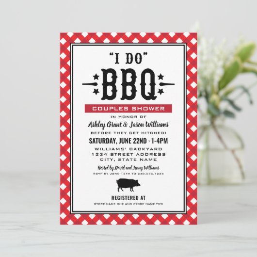 Ik doe BBQ Red Gingham Wedding Couples Shower Kaart (Staand voorkant)