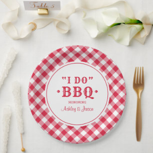 Ik Doe BBQ Rode Gingham Aangepaste Trouw Monogram Papieren Bordje