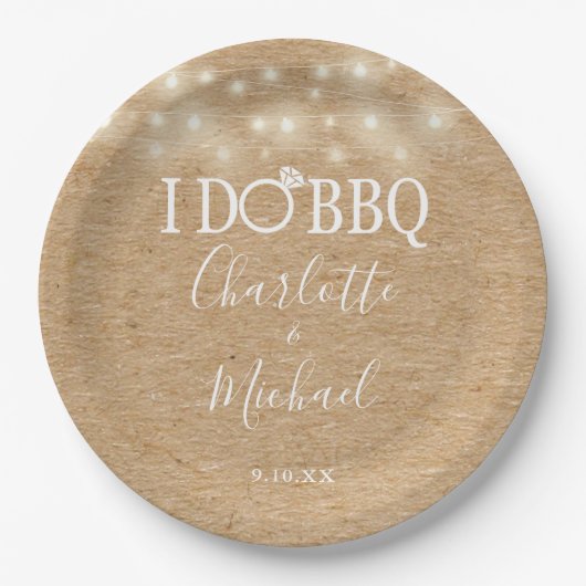 Ik doe BBQ Rustic Kraft Slingerlichtjes Trouw Papieren Bordje (Voorkant)