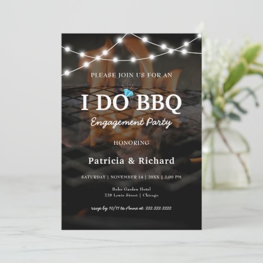 Ik doe BBQ Rustic String Lights Engagement Party Kaart (Staand voorkant)