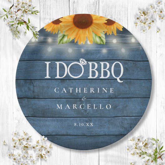Ik doe BBQ Rustic Wood Sunflower Engagement Party Papieren Bordje