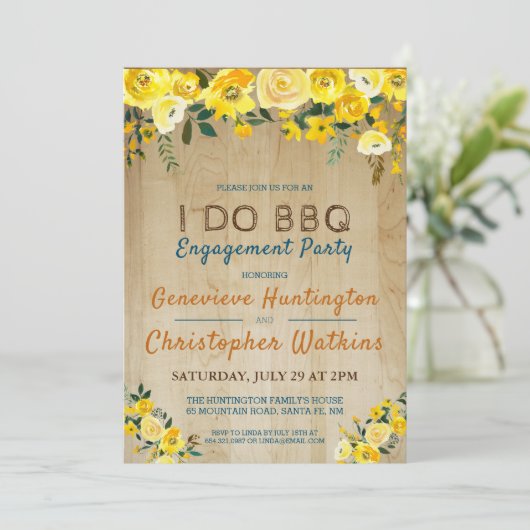 Ik Doe BBQ | Rustieke Gele Bloemverlovingsfeest Kaart (Staand voorkant)