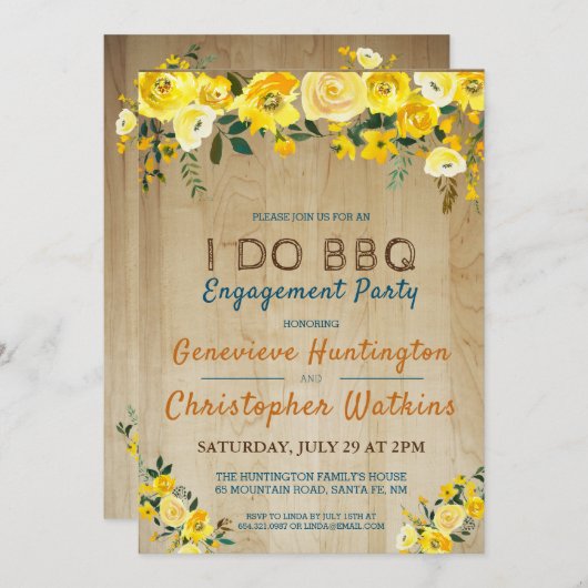 Ik Doe BBQ | Rustieke Gele Bloemverlovingsfeest Kaart (Voorkant / Achterkant)