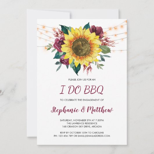 Ik doe BBQ rustieke Zonnebloem Lights Verloving Kaart (Voorkant)