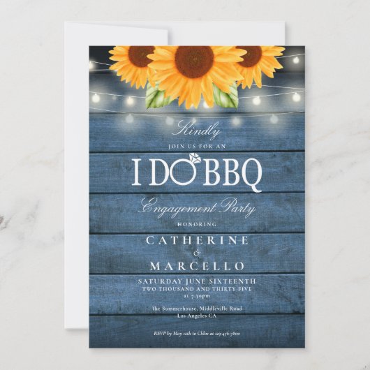 Ik doe BBQ Sunflower Blue Rustic Engagement Party Kaart (Voorkant)