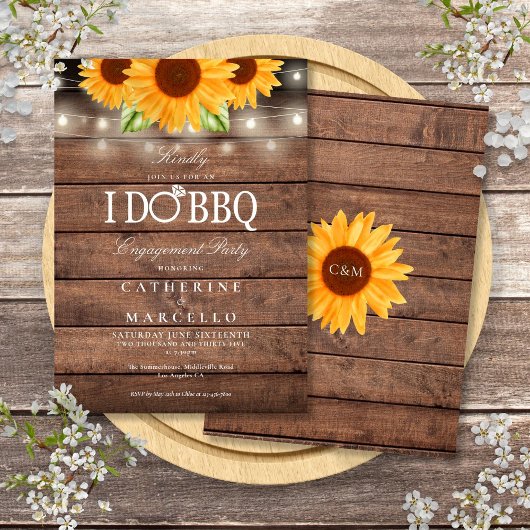 Ik doe BBQ Sunflower Rustic Wood Engagement Party Kaart