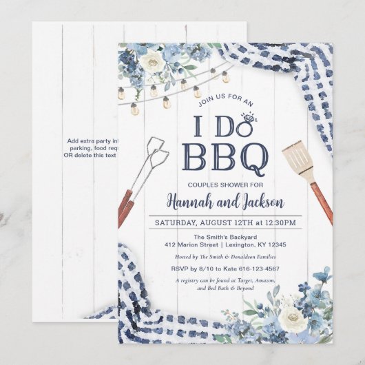 Ik doe BBQ Uitnodiging met marine en Light Blue (Voorkant / Achterkant)