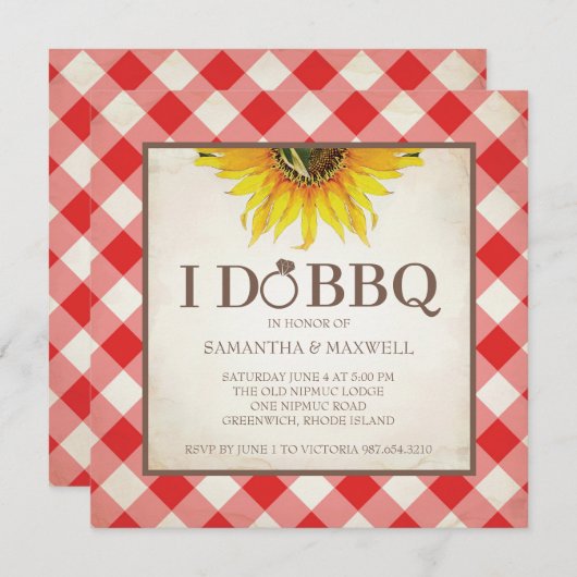 Ik doe BBQ Uitnodigingen Red Gingham en Zonnebloem (Voorkant / Achterkant)