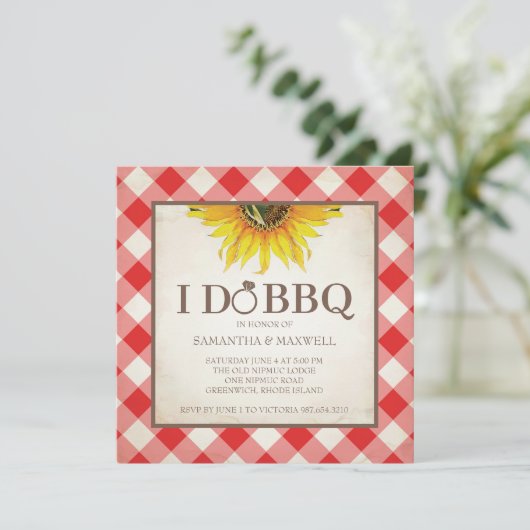 Ik doe BBQ Uitnodigingen Red Gingham en Zonnebloem (Staand voorkant)