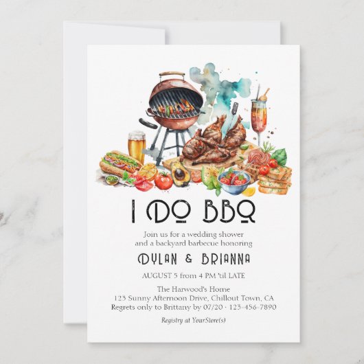 IK DOE BBQ Waterverf Achtertuin BBQ Bruiloft Douch Kaart (Voorkant)